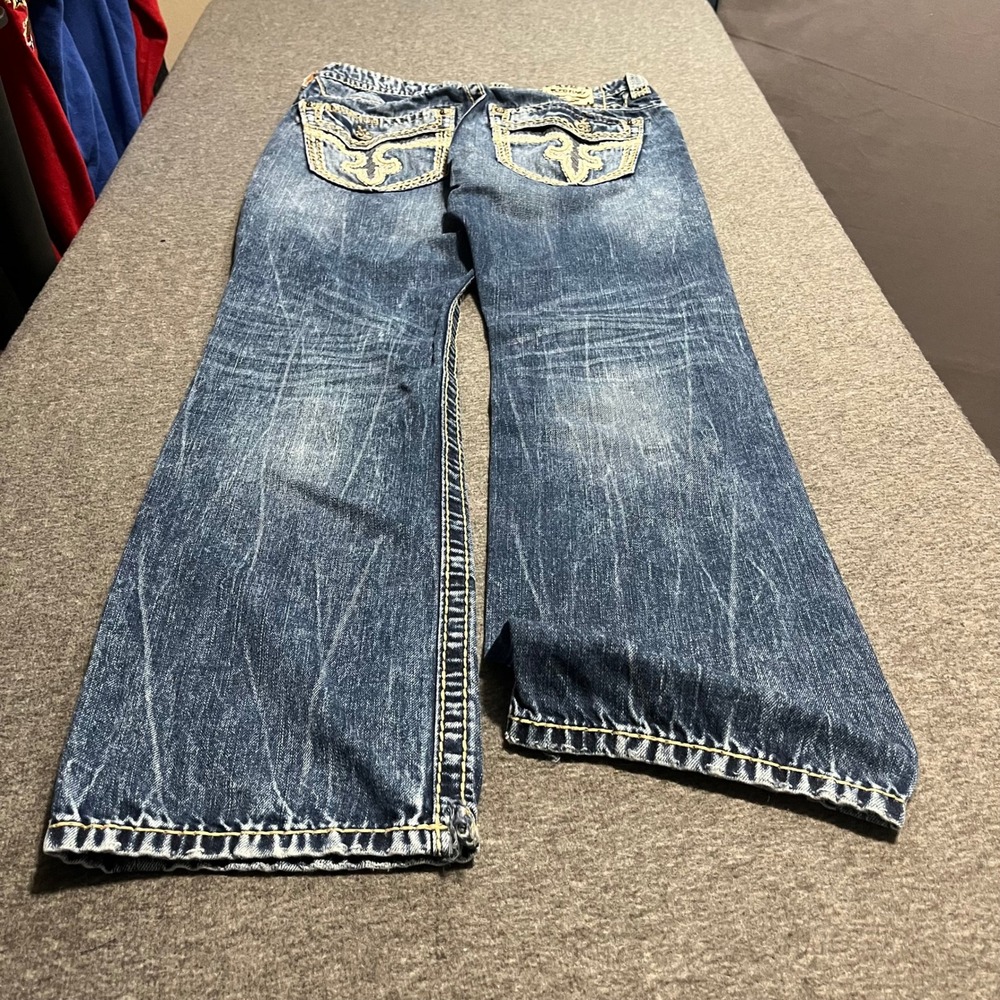 Rock Revival Vaden Straight Leg Jeans Mens 31 Distressed Blue Embroidered Denim